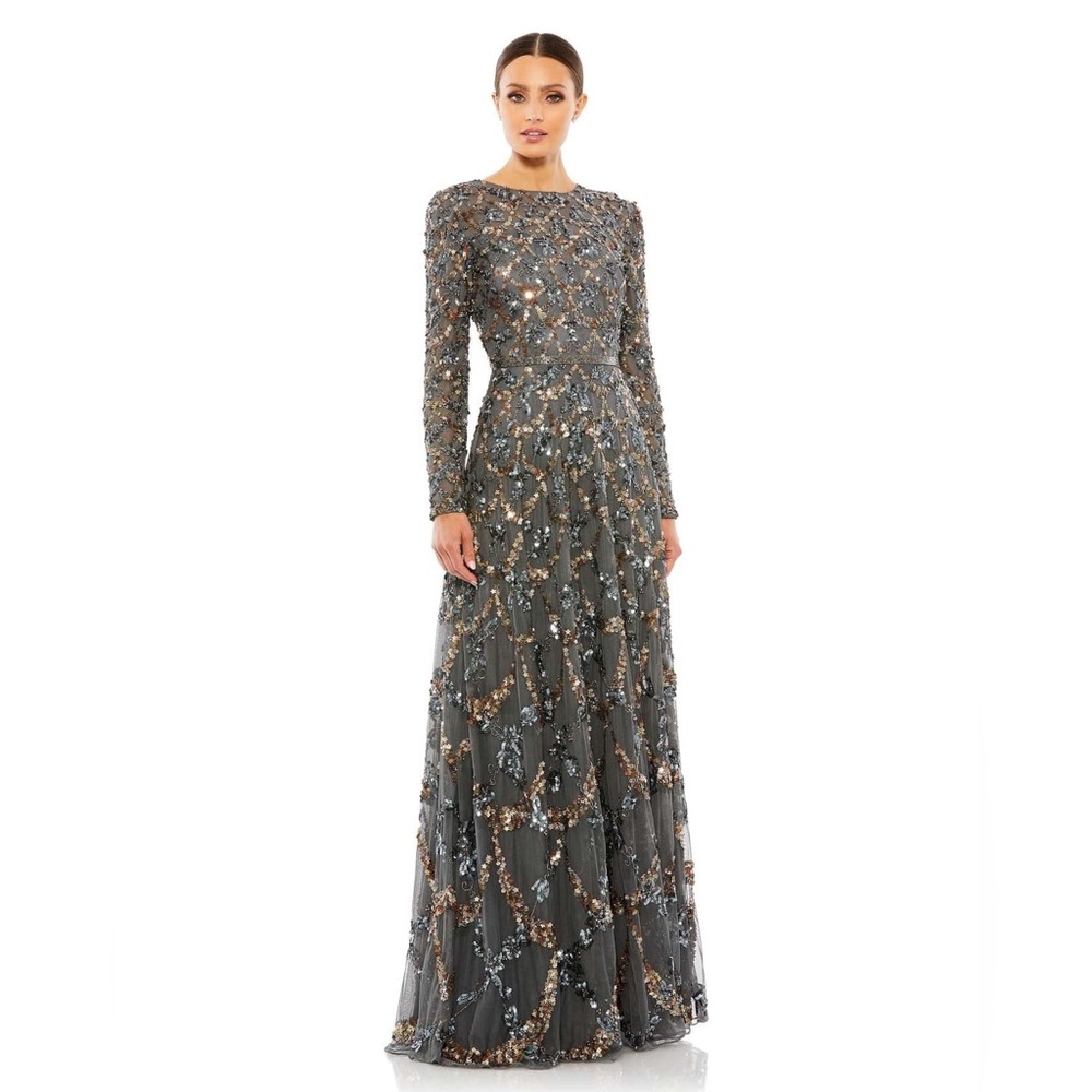 Mac Duggal Embellished Illusion High Neck Long Sleeve A Line Gown size 16